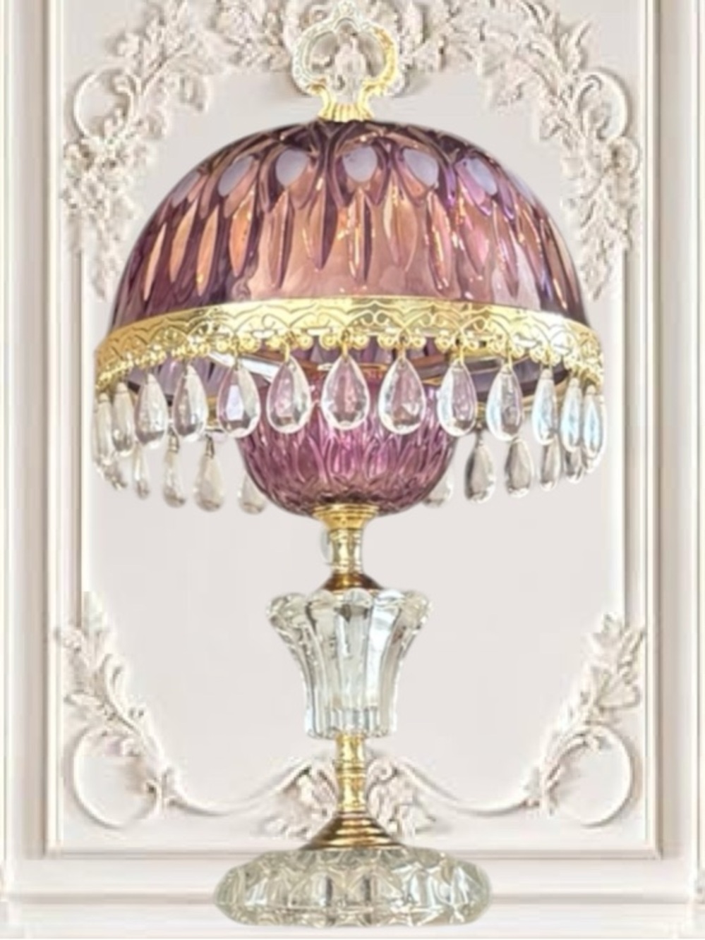 Michelotti Vintage French Boudoir Victorian Parlor Lamp Tiered Crystal Pink Gold